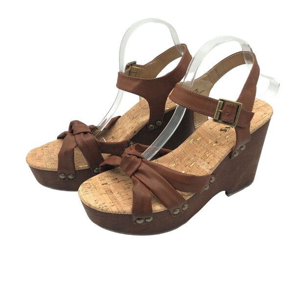 Korks Brown Cork Dawson Wedge Sandals Ankle Strap & Bow Faux Leather 11 M - Picture 3 of 7
